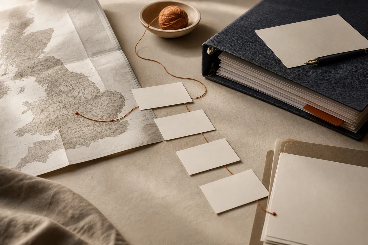 Editorial still life showing UK privacy documentation with a policy binder, blank notice sheets, and revision tab; workflow view for this page