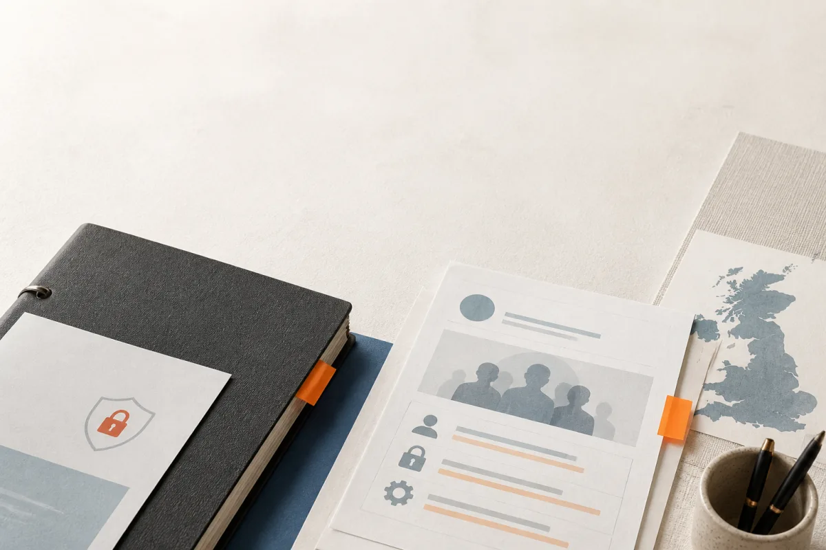 Editorial still life showing UK privacy documentation with a policy binder, blank notice sheets, and revision tab
