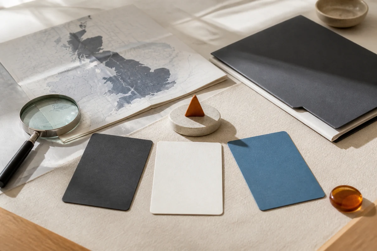 Editorial still life showing a UK privacy risk assessment with a UK map, risk cards, magnifying glass, and decision marker; decision view for this page