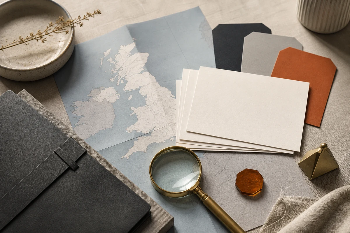Editorial still life showing a UK privacy risk assessment with a UK map, risk cards, magnifying glass, and decision marker; evidence view for this page