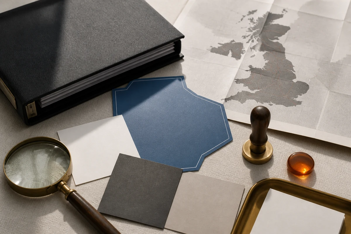 Editorial still life showing a UK privacy risk assessment with a UK map, risk cards, magnifying glass, and decision marker; safeguard view for this page