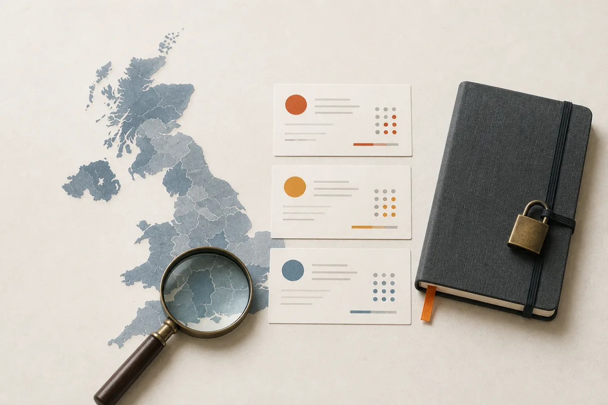 Editorial still life showing a UK privacy risk assessment with a UK map, risk cards, magnifying glass, and decision marker