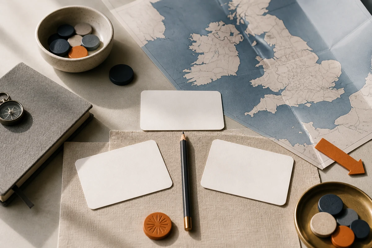 Editorial still life showing UK privacy training with staged learning cards, an abstract UK map, and knowledge markers; decision view for this page