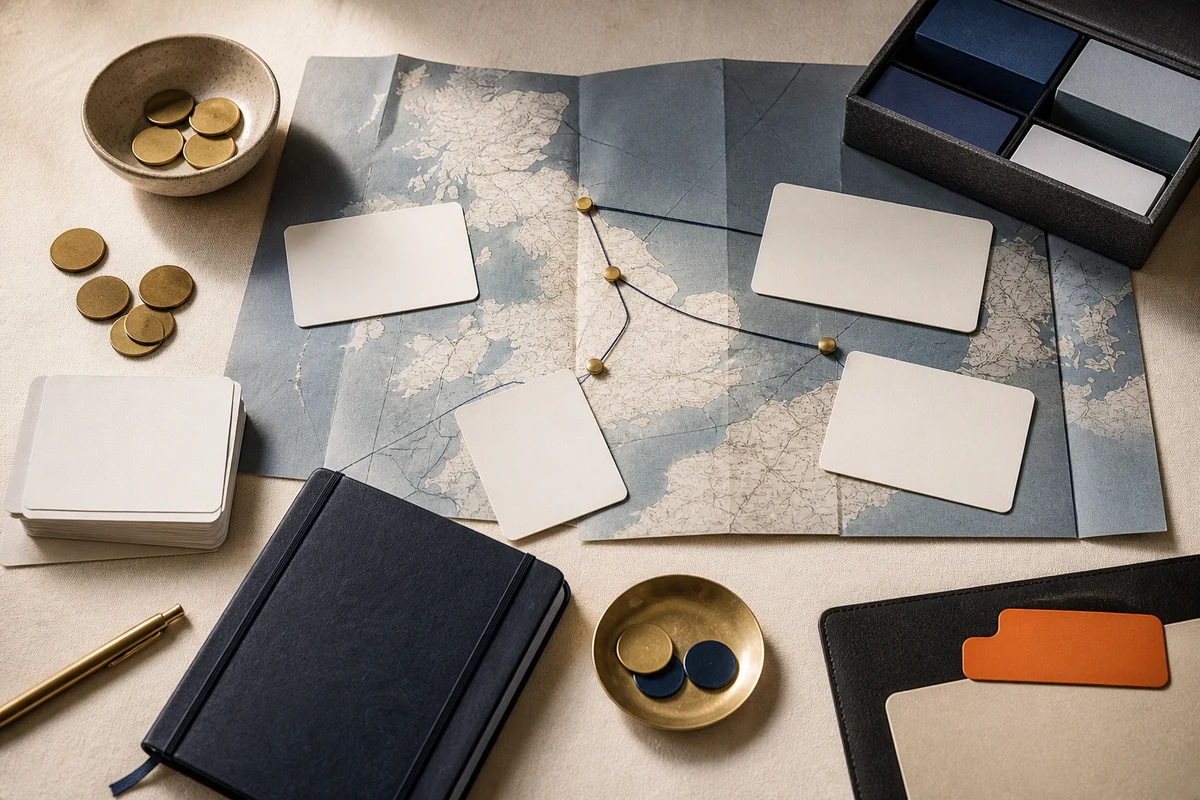 Editorial still life showing UK privacy training with staged learning cards, an abstract UK map, and knowledge markers; evidence view for this page