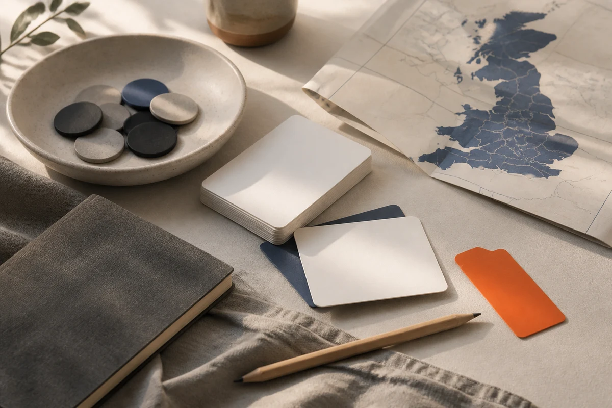 Editorial still life showing UK privacy training with staged learning cards, an abstract UK map, and knowledge markers; review view for this page