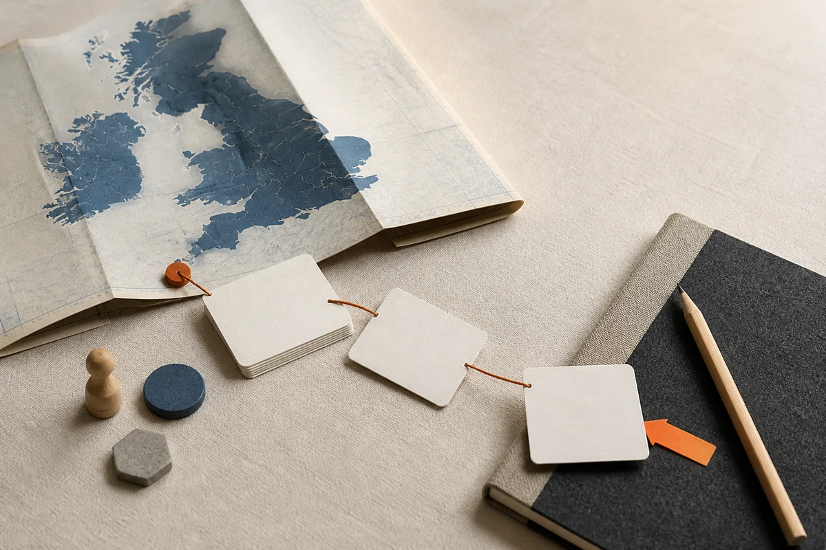 Editorial still life showing UK privacy training with staged learning cards, an abstract UK map, and knowledge markers; workflow view for this page