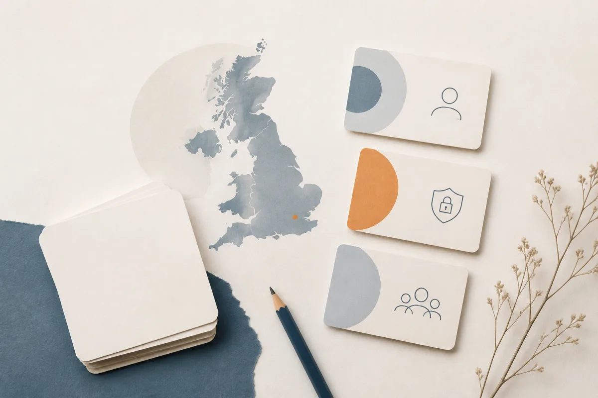 Editorial still life showing UK privacy training with staged learning cards, an abstract UK map, and knowledge markers