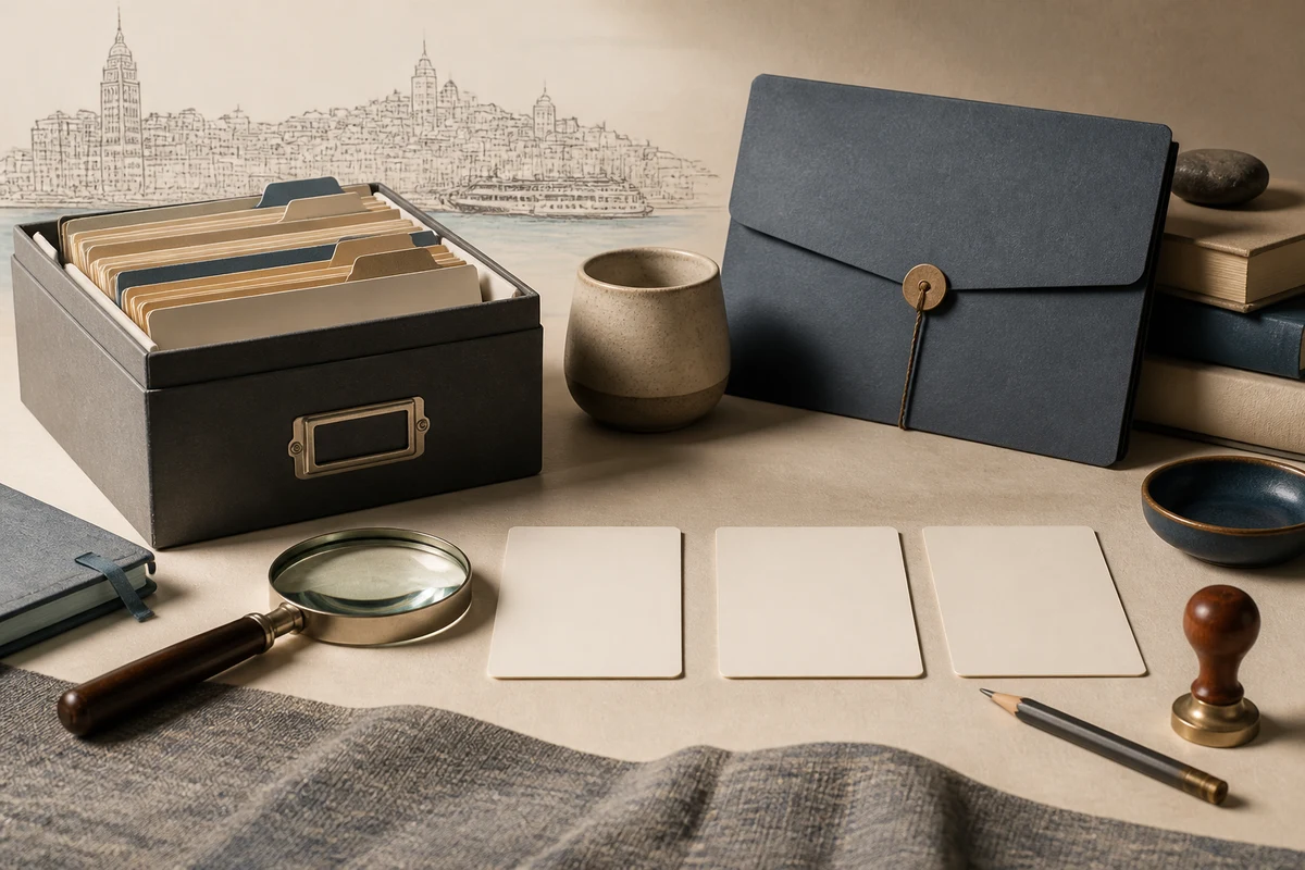 Editorial still life showing VERBİS registry management with an archive, indexed cards, abstract Turkish city lines, and magnifying glass; decision view for this page