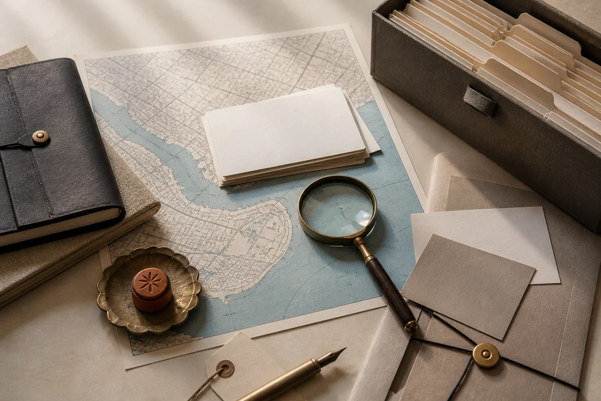 Editorial still life showing VERBİS registry management with an archive, indexed cards, abstract Turkish city lines, and magnifying glass; evidence view for this page