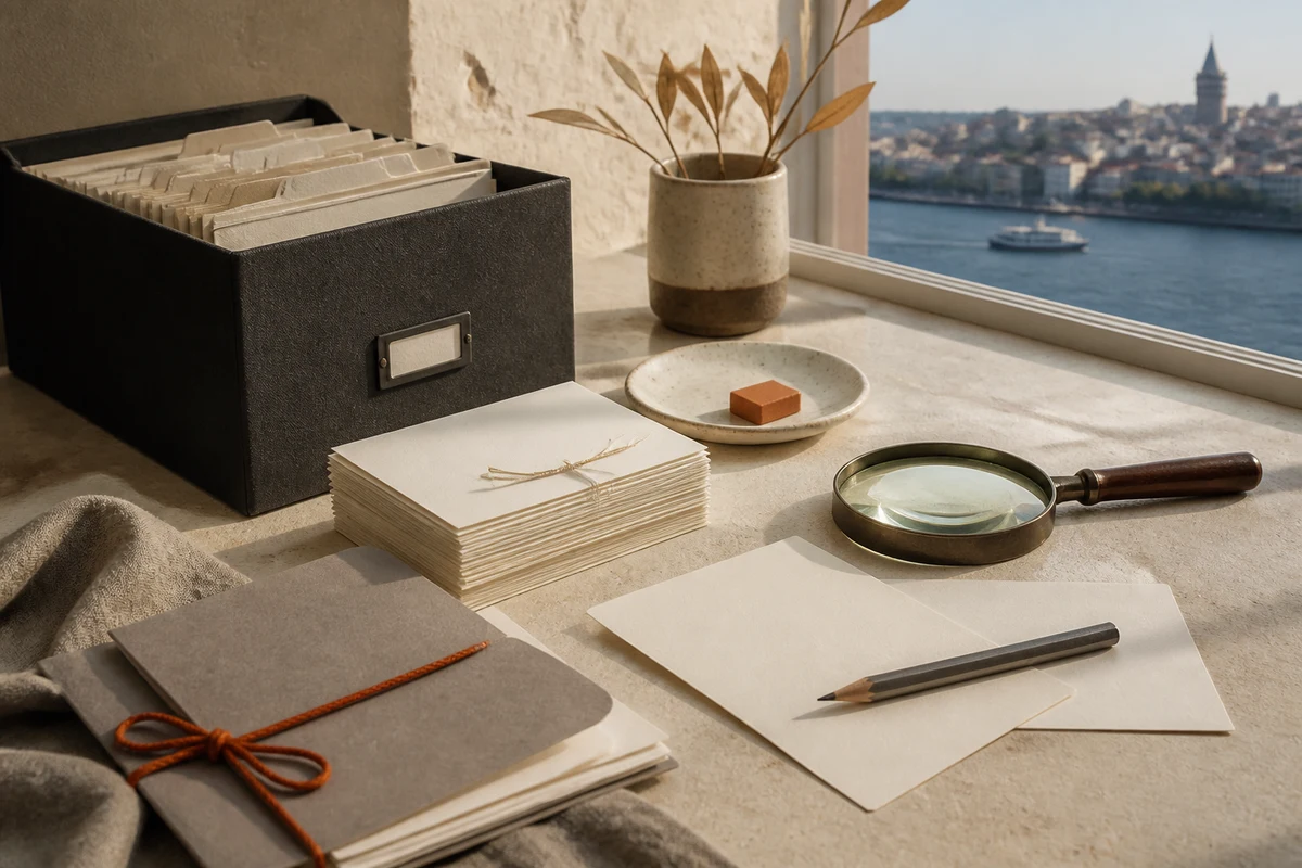 Editorial still life showing VERBİS registry management with an archive, indexed cards, abstract Turkish city lines, and magnifying glass; review view for this page