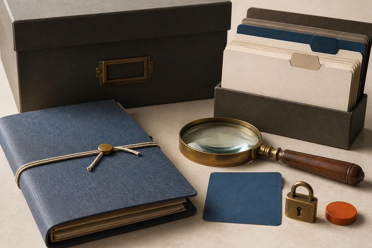 Editorial still life showing VERBİS registry management with an archive, indexed cards, abstract Turkish city lines, and magnifying glass; safeguard view for this page