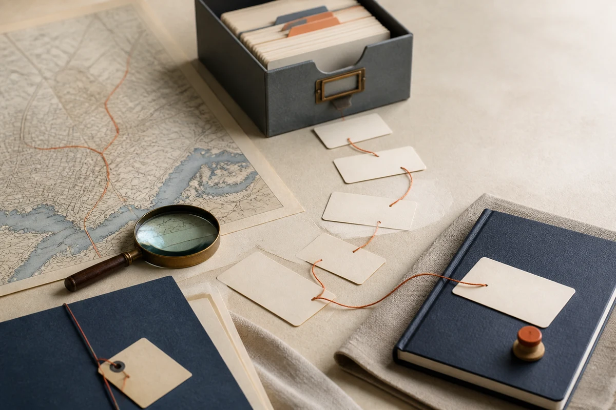 Editorial still life showing VERBİS registry management with an archive, indexed cards, abstract Turkish city lines, and magnifying glass; workflow view for this page