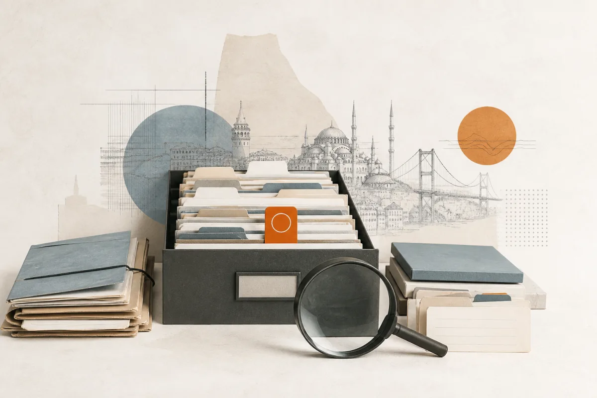 Editorial still life showing VERBİS registry management with an archive, indexed cards, abstract Turkish city lines, and magnifying glass